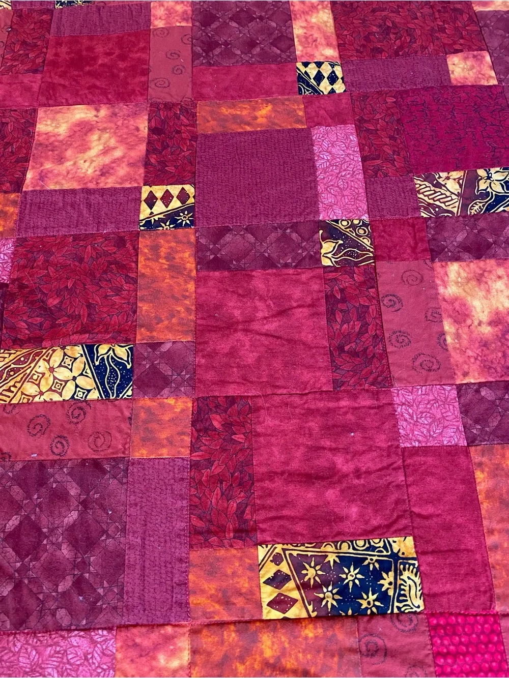 Patchwork Red & Orange Quilted Bedspread with Accented Prints Handmade